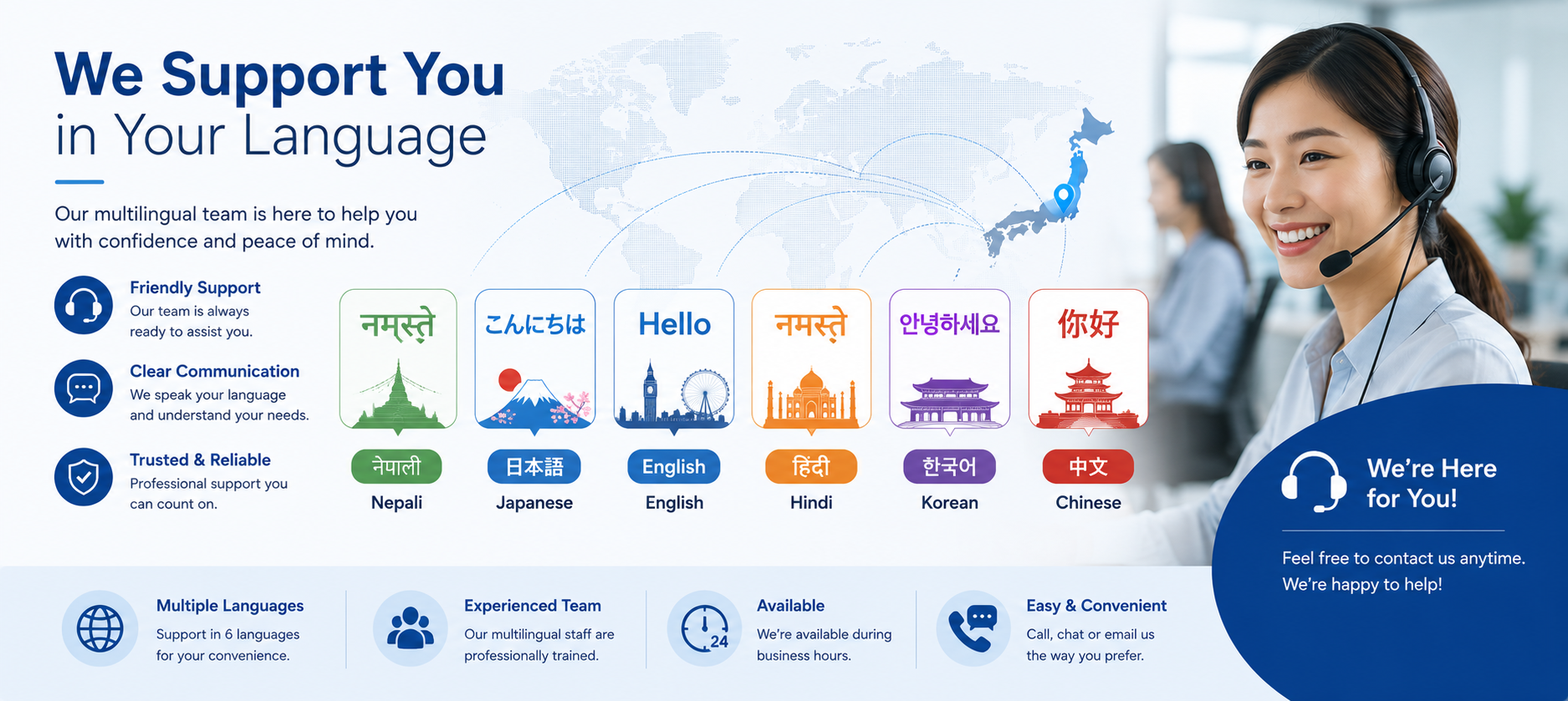 Multilingual support team helping foreigners in Japan in Nepali, Japanese, English, Hindi, Korean, and Chinese
